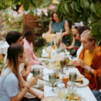 string light decoration on tree with friends celebrating during dinner party in back yard - garden decoration stock pictures, royalty-free photos & images