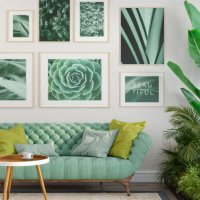 stylish living room with green sofa and posters - home decoration stock pictures, royalty-free photos & images