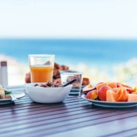 summer breakfast on vacation, europe - food stockfoto's en -beelden