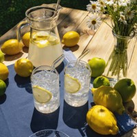 summer lemonade with lemons on garden table. mocktail - garden decoration photos et images de collection