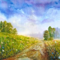 summer meadow after the rain, watercolor painting - garden decoration stock illustrations