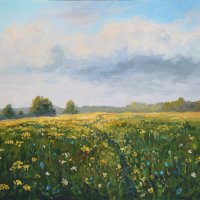 summer meadow, oil painting - garden decoration stock illustrations