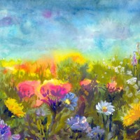 summer meadow, watercolor painting impressionism - garden decoration stock illustrations