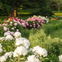 summer ornamental garden of white, pink and red peony flowers in sunny day, green grass lawn, landscape design - garden decoration stock pictures, royalty-free photos & images