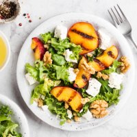 summer salad with grilled peaches and feta cheese - food stock pictures, royalty-free photos & images