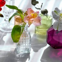 summer scene with flowers in the colorful glass vases from perfume. sun and shadows. minimal nature background. - garden decoration stock pictures, royalty-free photos & images