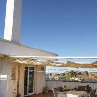 sunny terrace with vintage decoration and white awning over blue sky - garden decoration stock pictures, royalty-free photos & images