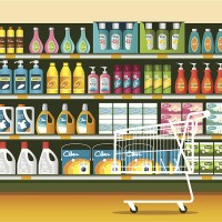 supermarket with cleaning product packaging - home decoration stock illustrations