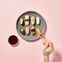 sushi with pink background - food stock pictures, royalty-free photos & images
