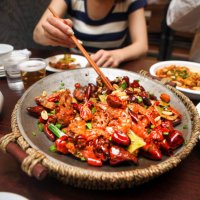 szechwan dry hotpot with chicken wing and prawn - food stock pictures, royalty-free photos & images