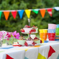 table in garden on a birthday party - garden decoration stock pictures, royalty-free photos & images