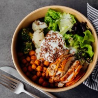 take out food. vegan falafel bowl in disposable eco-friendly packaging. high angle view, flat lay. concept of healthy meal. - junk food stock pictures, royalty-free photos & images