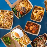 takeout food background. - junk food stock pictures, royalty-free photos & images