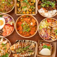 takeout food in biodegradable boxes. - junk food stock pictures, royalty-free photos & images