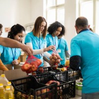 team of charity assistants packing food contributions - food stock pictures, royalty-free photos & images