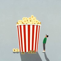 teenage boy looking up at large movie theater popcorn tub - junk food stock illustrations