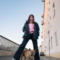 teenage girl portrait with french bulldog, urban background - fashion stock pictures, royalty-free photos & images