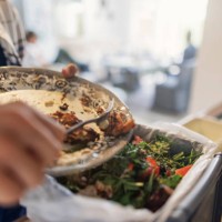 teenager wirft mittagsreste in einen bio-kompostbehälter. - food stock-fotos und bilder