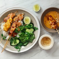 thai chicken satay with peanut sauce - food stock pictures, royalty-free photos & images