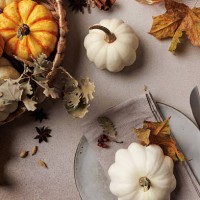 thanksgiving table with pumpkin plate setting and leaves - home decoration stock pictures, royalty-free photos & images