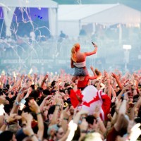 The corwd watching DVBBS performing during Day 7 of the 50th Festival D'ete De Quebec on the Main Stage at the Plaines D' Abraham on July 12, 2017 in...