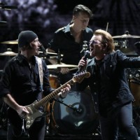 The Edge, Larry Mullen Jr. And Bono of U2 perform on stage during 'U2 The Joshua Tree Tour 2019' at the Gocheok Sky Dome on December 08, 2019 in...