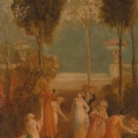 The Garden, Thomas Stothard, 1755–1834, British, ca. 1820, Oil on panel, Support : 7 x 5 inches , architecture, basket, decoration, flowers , garden,...