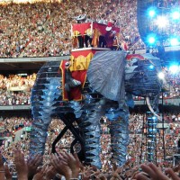 The members of Take That perform on board a giant mechanical elephant on the final date of their 'Circus' tour, at Wembley Stadium on July 5th, 2009...