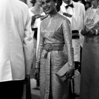 The Queen of Thailand Sirikit wearing an evening dress on the occasion of a concert with works of Johann Sebastian Bach. Bangkok, 1965.