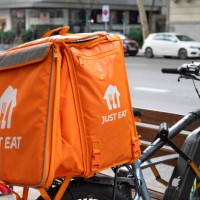 The Spanish start-up on-demand delivery company, Just Eat, bag seen on a bike in Spain.