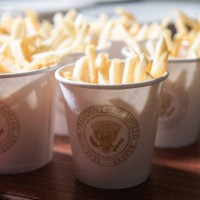 This photo shows French fries placed inside Presidential cups, some of the fast food the US president purchased for a ceremony honoring the 2018...