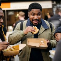 three-generation family eating at london market hall - junk food stock pictures, royalty-free photos & images