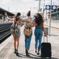 three friends enjoying a trip together - rear view - travel stock pictures, royalty-free photos & images