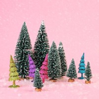 tiny trees on pink background with snow - home decoration stock pictures, royalty-free photos & images
