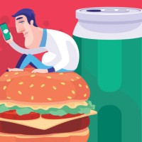 tired man sitting on big hamburger and looking at smartphone - junk food stock illustrations