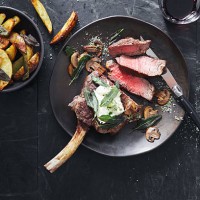 tomahawk beef steak with mushrooms, burrata and sage potato wedges - food stock pictures, royalty-free photos & images