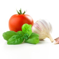 tomato, basil leaf and garlic - food stock pictures, royalty-free photos & images