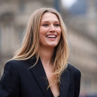 Toni Garrn wears a black blazer jacket, outside Off-White, during the Womenswear Fall/Winter 2024/2025 as part of Paris Fashion Week on February 29,...