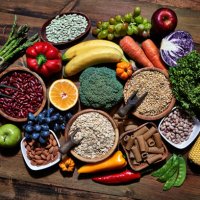 top view of dietary fiber fresh vegan food and legumes on rustic wooden table. healthy food themes with frame and copy space. - food stock pictures, royalty-free photos & images