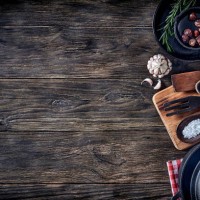 top view of kitchen utensils on rustic table with copy space. - food stock pictures, royalty-free photos & images