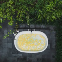 top view of outside bath tub full of yellow flowers in tropical spa. luxury interior. - garden decoration stock pictures, royalty-free photos & images