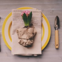 top view of table decorated for easter with hyacinth flower, garden tools and colorful plate. cozy h - garden decoration stock pictures, royalty-free photos & images