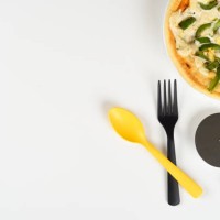 top view white desk with pizza, spoon, fork, pizza cutter on white background copy space - junk food stock pictures, royalty-free photos & images