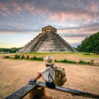 tourist exploring chichen-itza archaeological site, yucatan, mexico - travel stock pictures, royalty-free photos & images