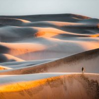 tourist on top of massive sand dunes at sunset - travel stock-fotos und bilder