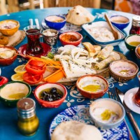traditional turkish breakfast served in a restaurant - food stockfoto's en -beelden