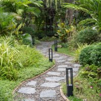 tranquil stone path through a lush tropical garden - garden decoration stock pictures, royalty-free photos & images