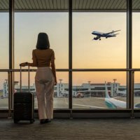 travel tourist standing with luggage watching sunset at airport window. woman looking at lounge looking at airplanes while waiting at boarding gate before departure. travel lifestyle. transport and travel concept - travel sto