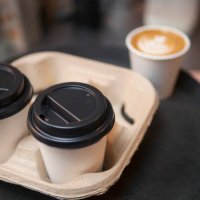 tray of coffee in disposable cups in cafe - junk food stock pictures, royalty-free photos & images