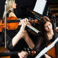 trio orchestra. - concert stock pictures, royalty-free photos & images